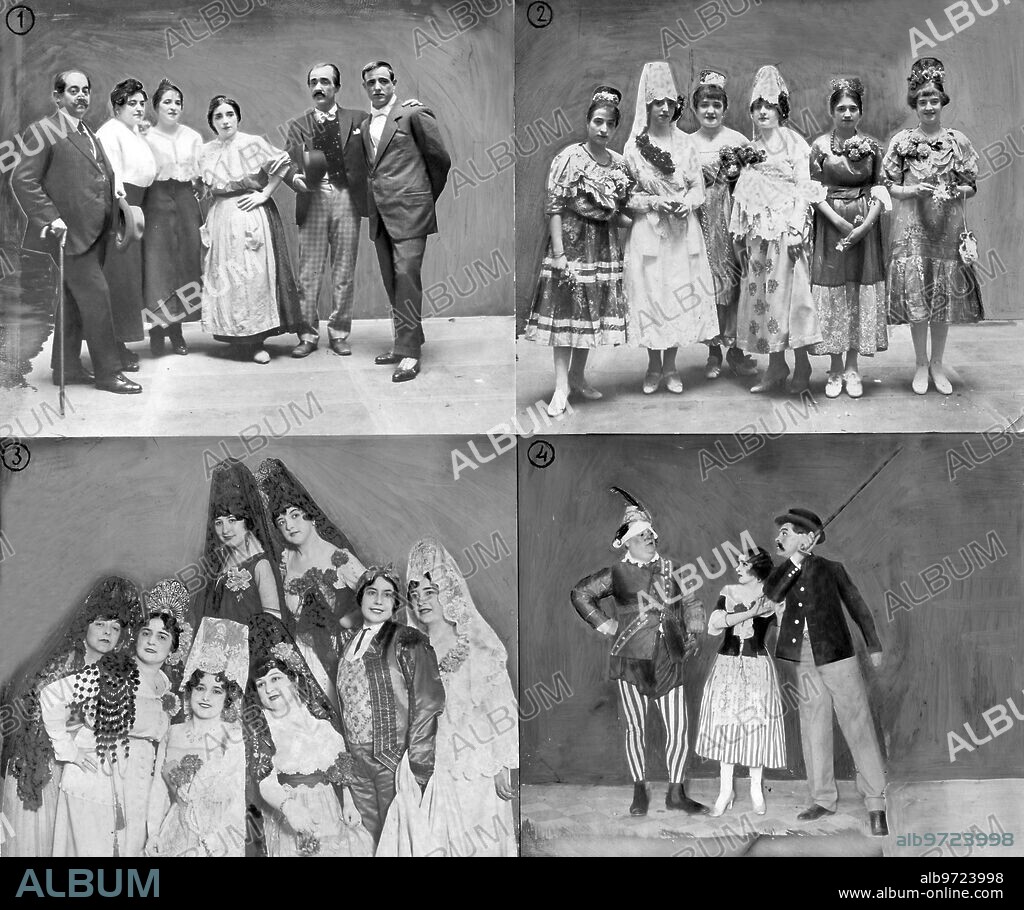 Mayo 1918. En el teatro de Apolo. La fiesta del Sainete. 1.-Artistas de Novedades que Estrenaron el sainete de Arniches barrera y Estremera, "el agua del Manzanares". 2.-Señoritas que Vendieron Flores y Dulces. 3.-Señoras y Señoritas Leonis, Paisano, Esparza, Hidalg.