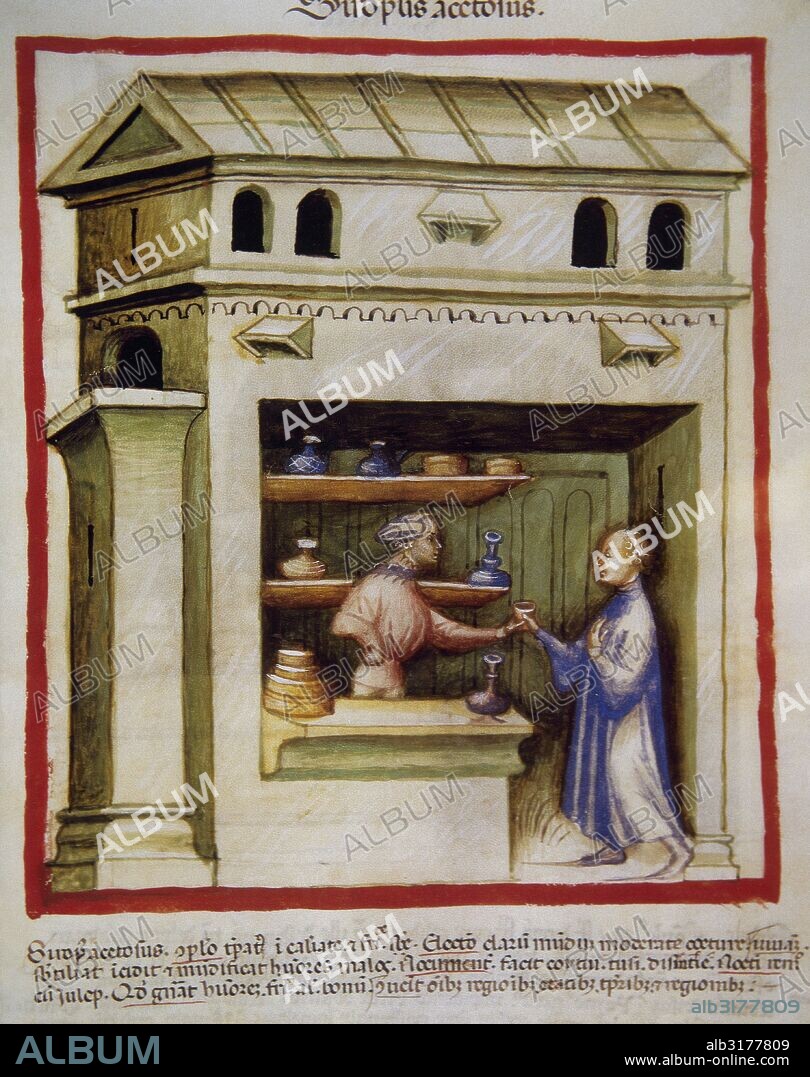 TACUINUM SANITATIS. Manual medieval de salud, fechado antes del año 1400, basado en observaciones de orden medicinal que detalla los aspectos más importantes de los alimentos, bebidas y vestuario. "BOTICARIO DANDO JARABE DE VINAGRE A UN HOMBRE". Miniatura, folio 95r.
