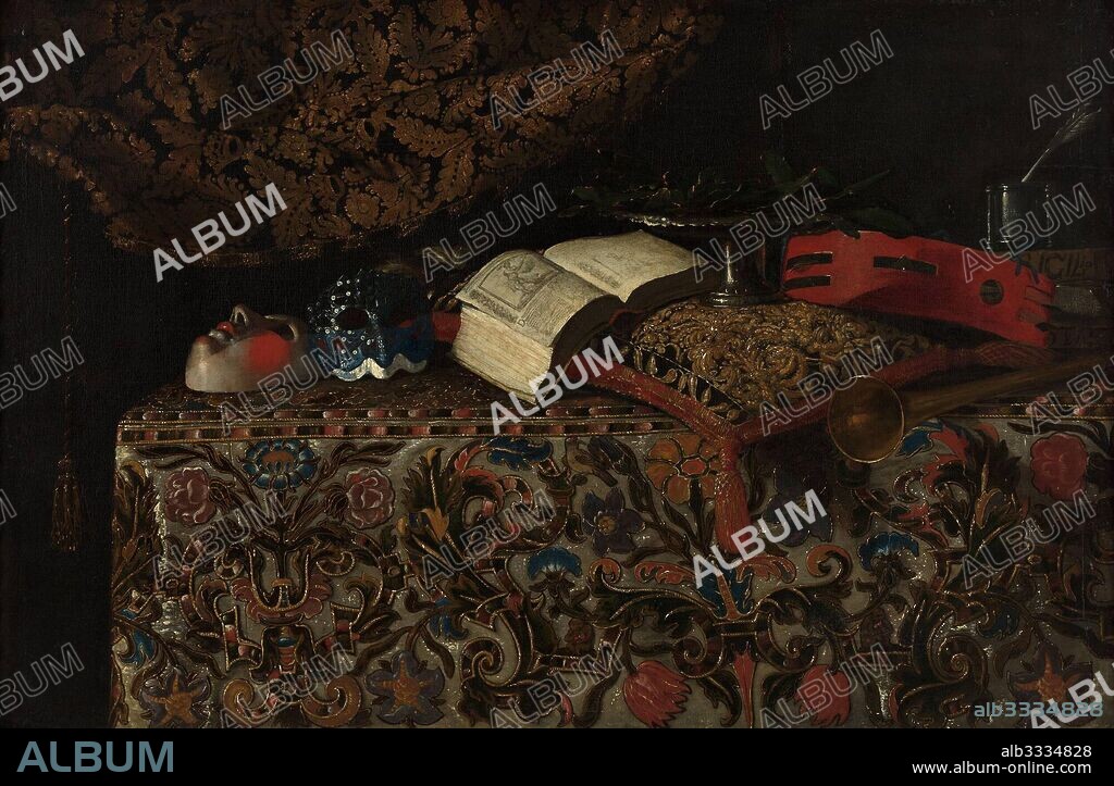 GIUSEPPE RECCO. Still life with masks, books and musical instruments.