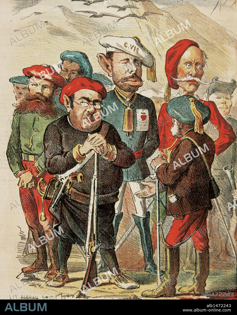 CARLOS VII (CARLOS DE BORBON Y AUSTRIA-ESTE) (1848-1909). Duque de Madrid. Pretendiente carlista al trono de España (Carlos VII entre 1868 y 1909). S. XIX-XX (S. XIX-S. XX). 'CARLOS VII RODEADO DE CARLISTAS'. Caricatura de 'El Loro'. Año 1881.