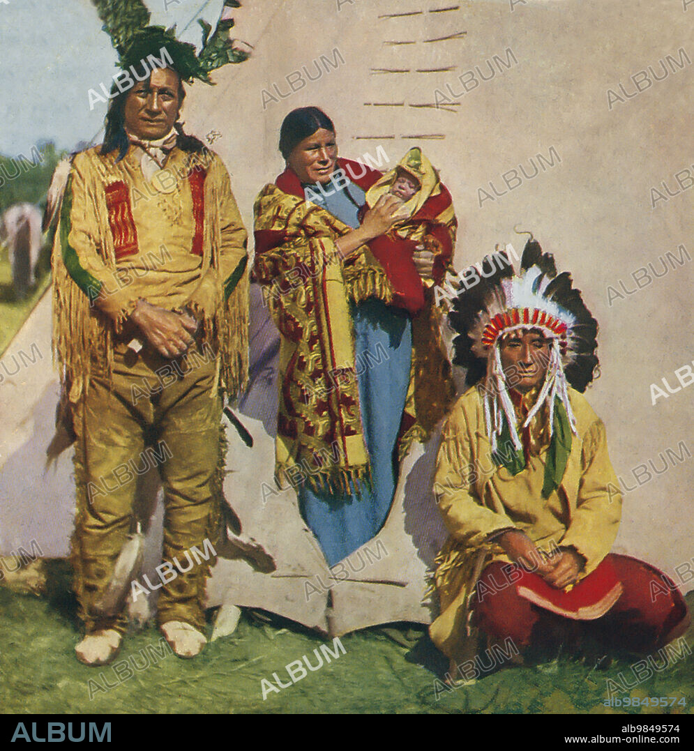 Stereoscope 1898 T.W. Ingersoll. A hand coloured photograph. Grey Eagle and family,Sioux lodge.