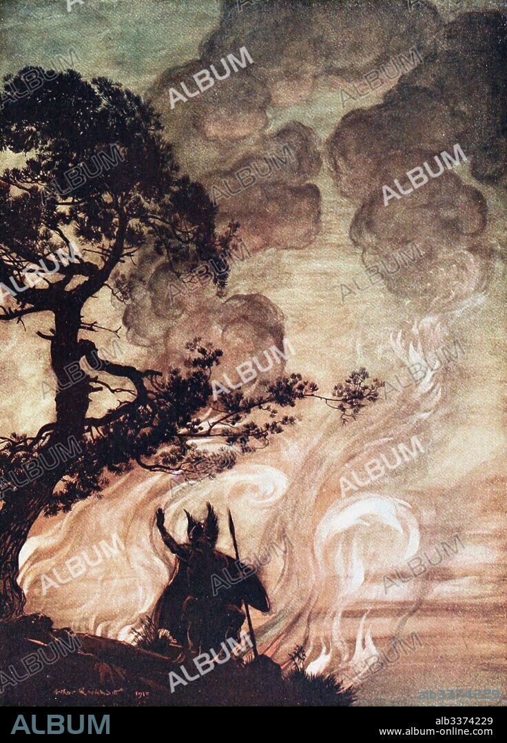 ARTHUR RACKHAM. Wotan turns and looks sorrowfully back at Brünnhilde. Illustration for "The Rhinegold and The Valkyrie" by Richard Wagner.
