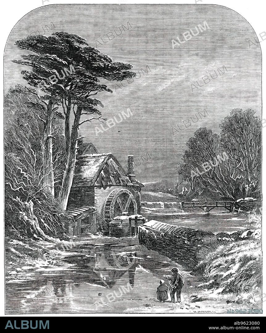 M JACKSON. British Institution Exhibition - "The Frozen Mill" - painted by C. Branwhite, 1850. Engraving of a painting in a London exhibition: '...one of Mr. Branwhite’s "frost" pictures: it is entitled "The Frozen Mill", and shows us an ice-bound wheel and stream, the bare-boughed trees and distant country relieved with mantlings of snow, and forming altogether a very striking scene, which the artist has admirably painted'. From "Illustrated London News", 1850.
