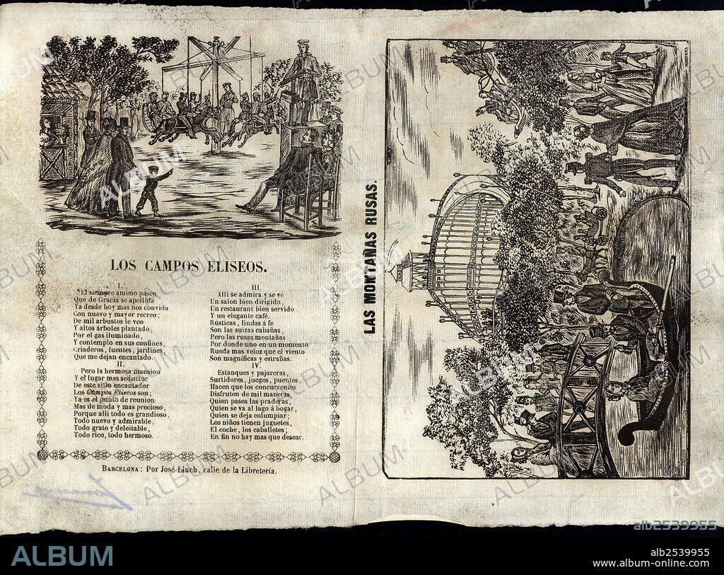 Abanico de papel con grabados populares de los Campos Eliseos de Barcelona. Año 1853.
