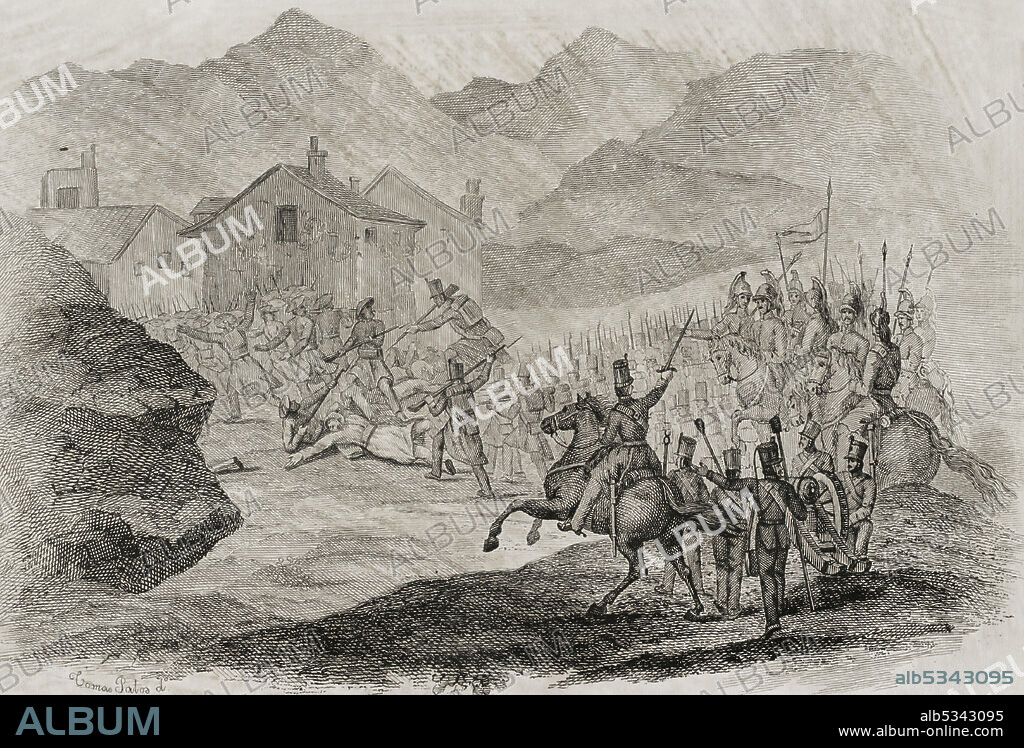 España. Primera Guerra Carlista (1833-1840). Guerra civil que enfrentó a carlistas, partidarios del infante Carlos María Isidro de Borbón, contra los isabelinos, defensores de Isabel II y la regente María Cristina de Borbón. Batalla de Nazar y Asarta (29 de diciembre de 1833). Tuvo lugar en el valle de la Berrueza, en la merindad de Estella. Zumalacárregui se enfrentó a las tropas cristinas al mando de los generales Manuel Lorenzo y Marcelino de Oraá. Finalmente los carlistas tuvieron que retirarse tras haberse quedado sin munición. Parte de la acción de Nazar y Asarta. Grabado. Panorama Español, Crónica Contemporánea. Tomo I. Madrid, 1842.