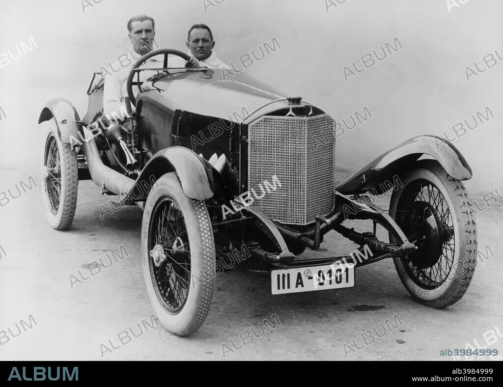 Alfred Neubauer behind the wheel of a 2-litre Daimler, Targa Florio, 1924. Neubauer finished the race, consisting of four 108-kilometre laps of a Sicilian road circuit, in 16th place. In 1926, he took over as manager of the Mercedes-Benz racing team, bringing in many innovative practices and presiding over its many successes until 1955. The company pulled out of racing in 1955 after one of their cars was involved in a disastrous crash at Le Mans, and Neubauer retired shortly afterwards.