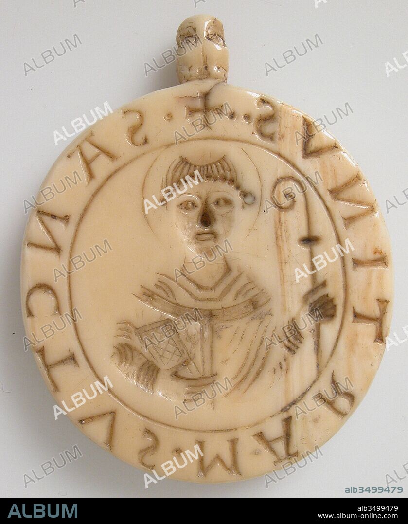 Seal Matrix with Abbot William of Gross St. Martin and Saint Martin, before 1152, Made in Cologne, Germany, French, Walrus ivory, Overall: 2 11/16 x 2 3/16 x 3/8 in. (6.9 x 5.5 x 0.9 cm), Ivories-Walrus, Affixing a wax seal to documents both authenticates and secures the document and also identifies the author or sender. According to the inscription, this rare ivory seal matrix, seen here with a wax impression from it, was made for Abbot William (“William, by the grace of God, Abbot of St.