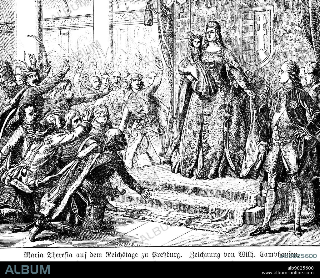 Maria Theresa, Imperial Diet of Bratislava 1741, Hungary, Slovakia, Austria, Kleinking, throne, Empress, speech, jubilation, following, nobility, 18th century, history, historical illustration 1894
