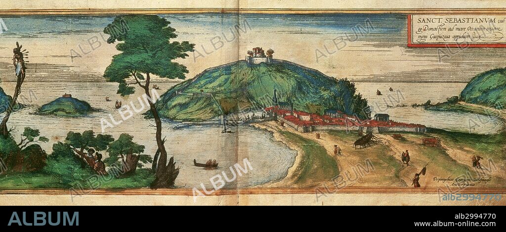 Plano de la ciudad de "SAN SEBASTIAN". Ilustración de la obra "Civitates Orbis Terrarum" de G. Braum y F. Hogenberg. Año 1576. Biblioteca de la Universidad de Salamanca. Castilla-León. España.