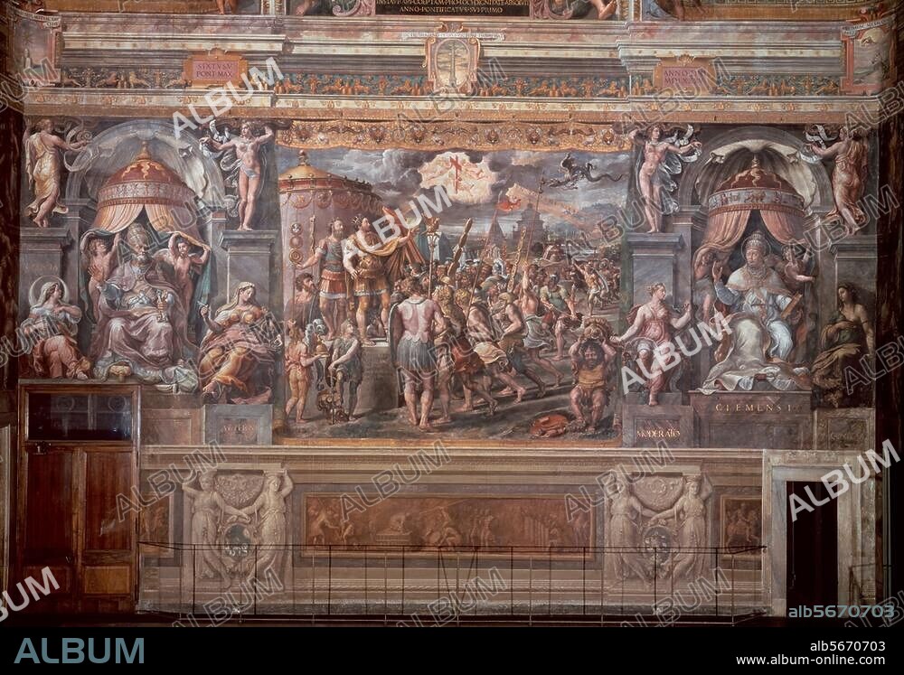 ANONYM. Giulio Romano, eigentl. Giulio Pippi, 1499-1546. "Kaiser Konstantin erscheint das Kreuz". (Im Feldzug gegen Maxentius, 312, erscheint dem Heer das Kreuzeszeichen "In hoc signo vinces"). Fesko, um 1520/25. Rom, Vatikan, Sala di Costantino.