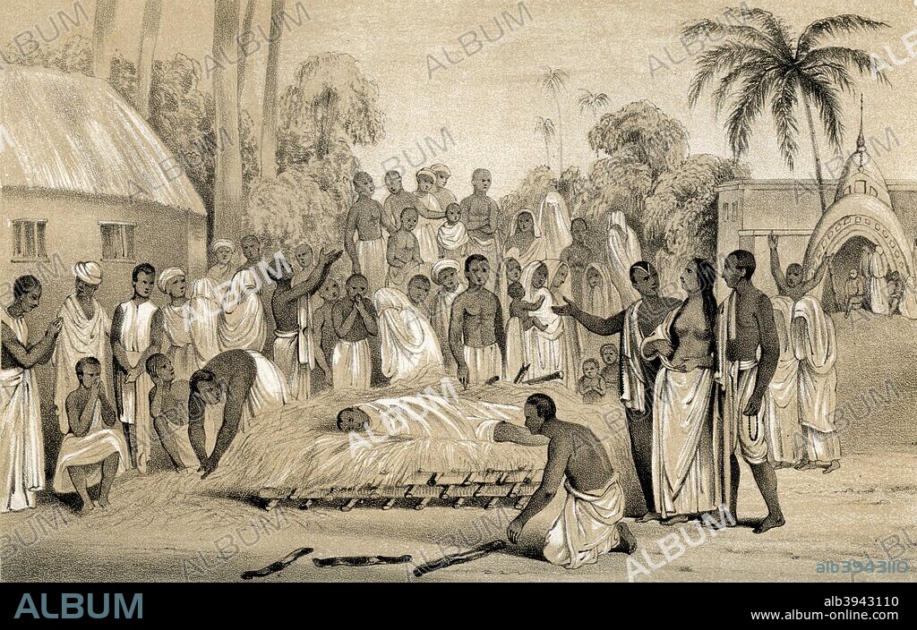 'Ceremony of burning a Hindu widow with the body of her late husband', 1847. Suttee was an Indian funeral practice in which the widow immolated herself on her husband's funeral pyre. Illustration from The History of China and India, by Miss Corner, (Dean and Co, London, 1847).London 1847.