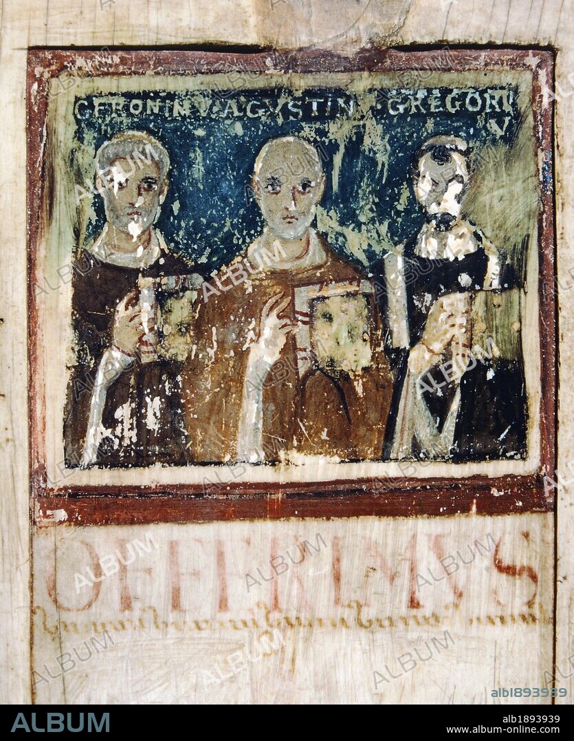 Saint Jerome, Saint Augustine and Saint Gregory the Great, miniature painted on Boethius Diptych, work in ivory, 5th Century. Detail.