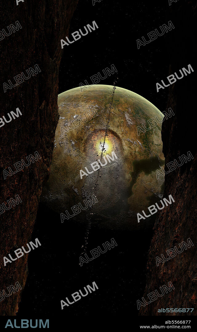 An extraterrestrial planet has been hit by a huge asteroid. The debris of that asteroid has built a ring around that planet. The image is framed by two asteroids en route to that same planet.