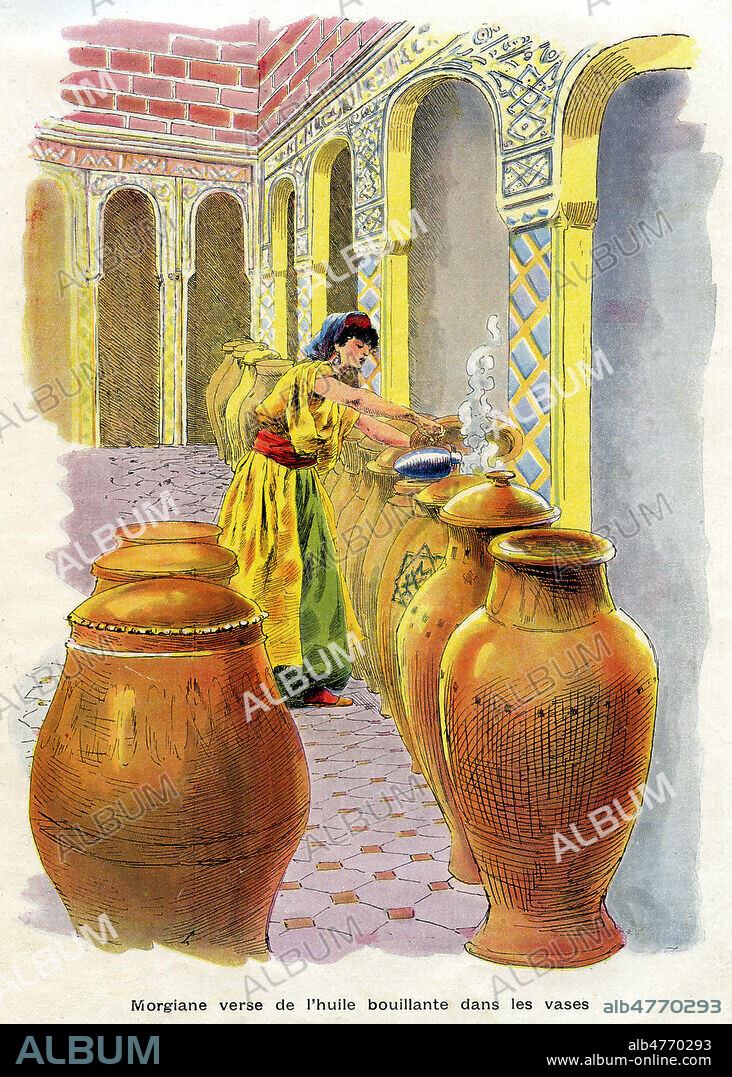 Morgiane verse de l'huile bouillante dans les vases. Illustration vers 1930 de Felician MYRBACH (1853- 1940) pour Ali-Baba et les quarante voleurs. Credit : Coll. Jonas/KHARBINE-TAPABOR.