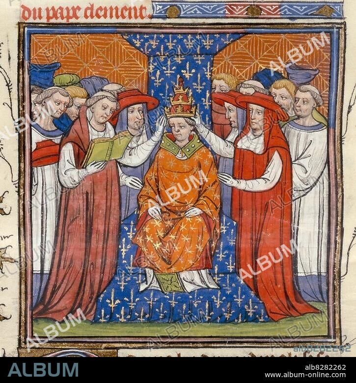 Clément VII., anti-pape (1378-1394), Robert de Genève; 1342-1394. Couronnement de Clément VII (élu antipape par treize cardinaux en opposition à Urbain VI). Enliminure française, dernier quart du. 14ème siècle. Tiré de: Chroniques de France (..) de St. Denis. Ms. Royal 20, C.VII, fol. 208v, London, British Library.