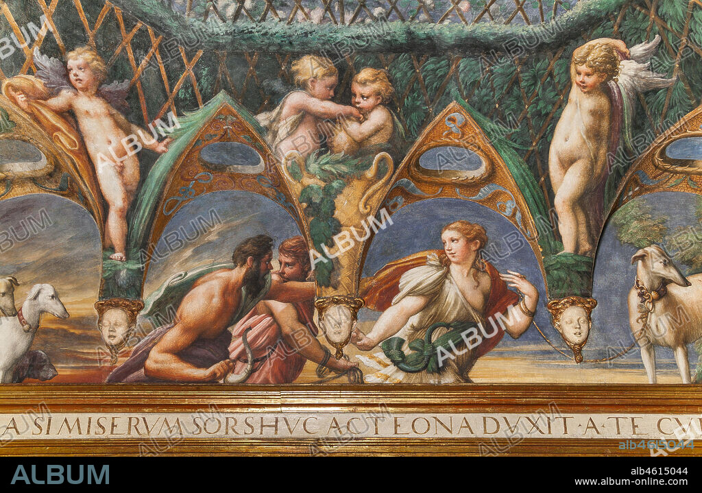 Parma, Fontanellato, Rocca Sanvitale, room of Diana and Actaeon: detail of the ceiling with the cycle of frescoes by Parmigianino (Girolamo Francesco Maria Mazzola) depicting the myth of Diana and Actaeon, taken from Ovid's Metamorphoses. The room, frescoed in 1524, probably was the bathroom of Paola Gonzaga, wife of Galeazzo Sanvitale. Detail of the south side, with Actaeon and two hunting companions.