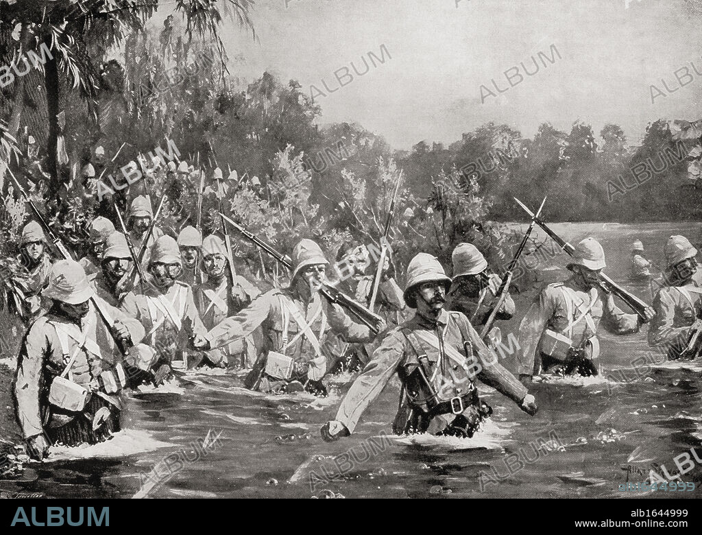 The Battle of Modder River during the Second Boer War. The Argyle and Sutherland Highlanders crossing the Drift. From the book South Africa and the Transvaal War by Louis Creswicke, published 1900.