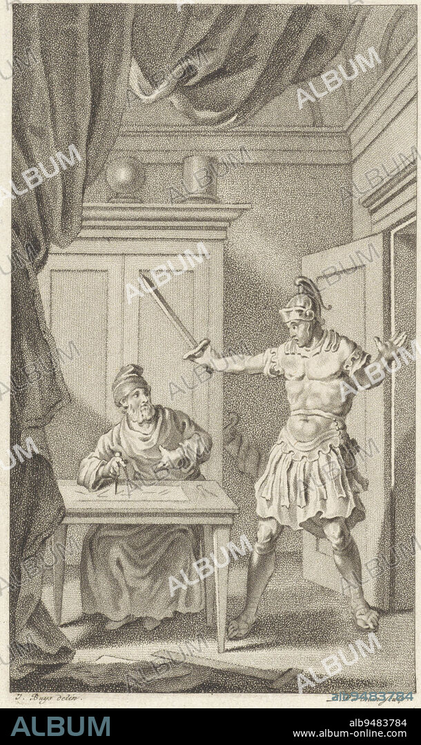 At the capture of Syracuse, Archimedes is killed by a Roman soldier. Archimes is sitting in his study room drawing a mathematical circle diagram. The Roman soldier who enters the room kills him with his sword. Death of Archimedes, print maker: Ludwig Gottlieb Portman, (mentioned on object), intermediary draughtsman: Jacobus Buys, (mentioned on object), Amsterdam, 1795, paper, h 215 mm × w 134 mm.