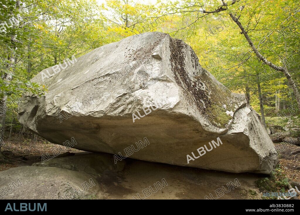 Boise Rock, a glacial erratic in Franconia Notch State Park, New Hampshire, USA. The boulder measures 45 feet wide by 35 feet long and up to 14 feet high.
