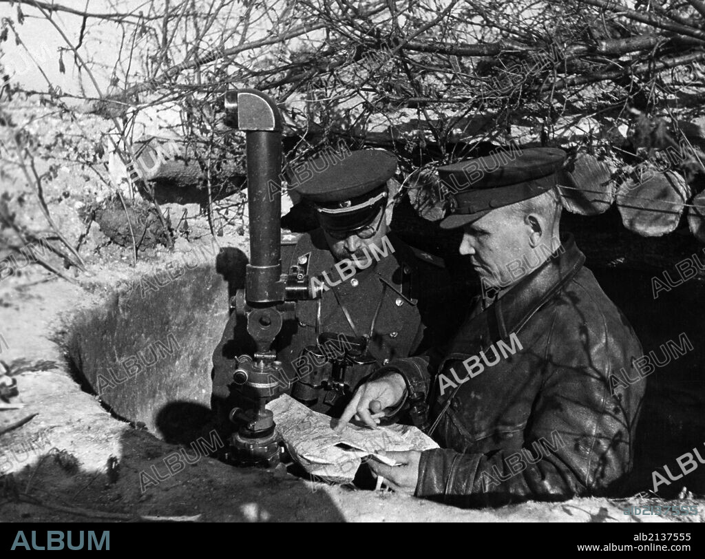 World war 2, marshal of the soviet union, ivan konev (konyev), commander of the troops of the first ukrainian front, and marshal rotmistrov of the tank force at the observation post.