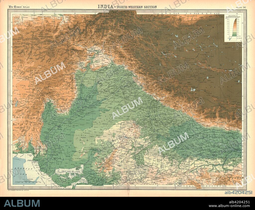 Map of India - North Western Section. Map showing Afghanistan and the Khyber Pass, what is now Pakistan, the Spin Ghar and Himalayan mountain ranges and parts of northern India. Plate 56 from The Times Atlas.