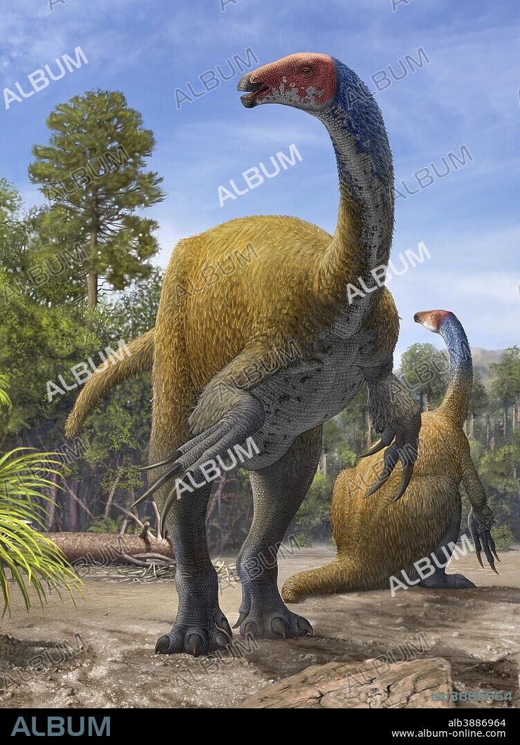 Erlikosaurus andrewsi dinosaurs in a prehistoric environment from the Late Cretaceous Period.