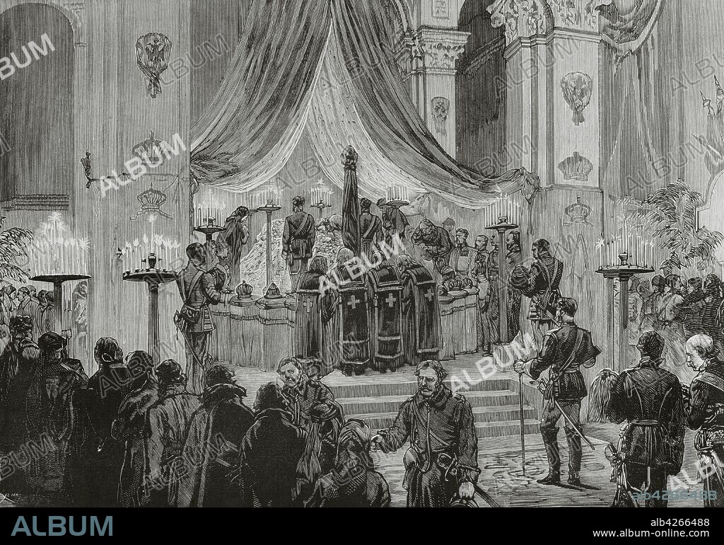 Alejandro II de Rusia (1818-1881). Zar del Imperio Ruso de 1855 hasta su asesinato en 1881. San Petersburgo. Exequias del Emperador Alejandro II en la Catedral de San Pedro y San Pablo, el 27 de marzo. Grabado. La Ilustración Española y Americana,8 de abril de 1881.