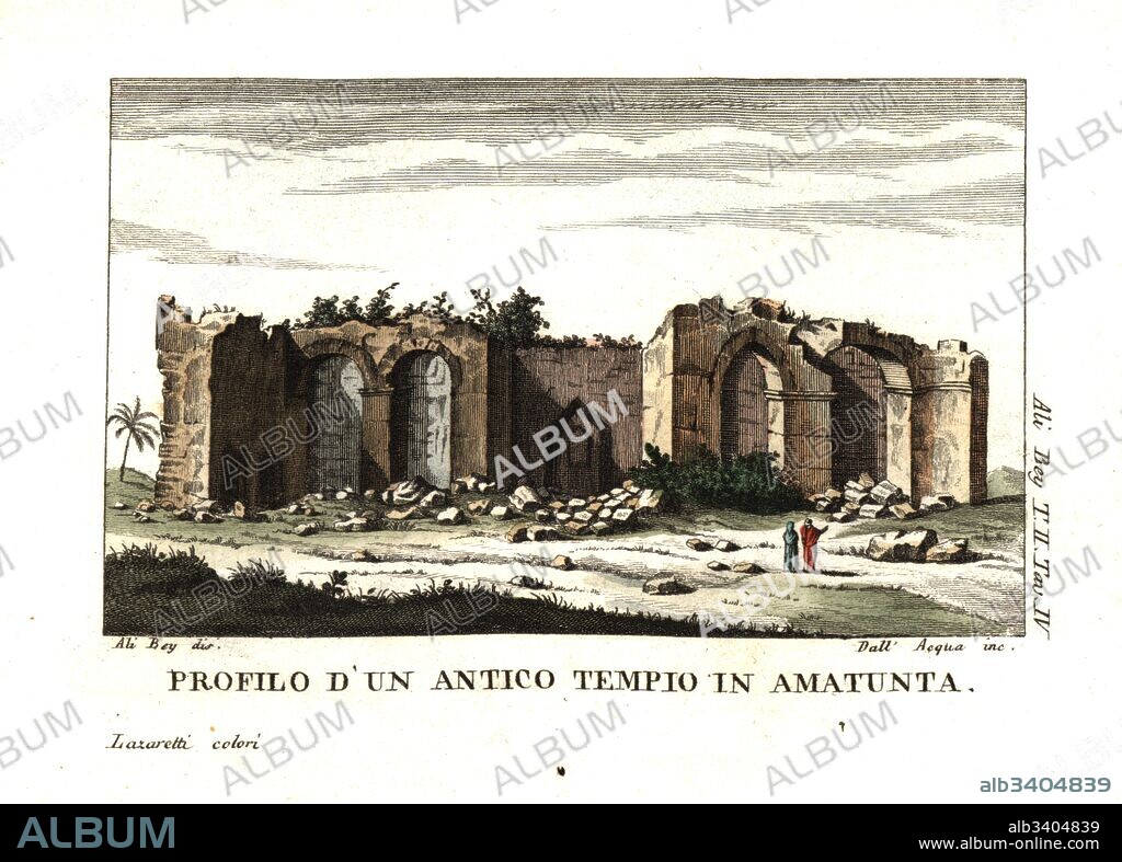 View of the ancient temple at Amathus, Cyprus. Illustration by Ali Bey el Abbassi from his Travels in Morocco, Tripoli, Cyprus, Egypt, Arabia, Syria and Turkey, London 1816. Copperplate engraving by Dell'Acqua handcoloured by Lazaretti from Giovanni Battista Sonzogno’s Collection of the Most Interesting Voyages (Raccolta de Viaggi Piu Interessanti), Milan, 1815-1817.