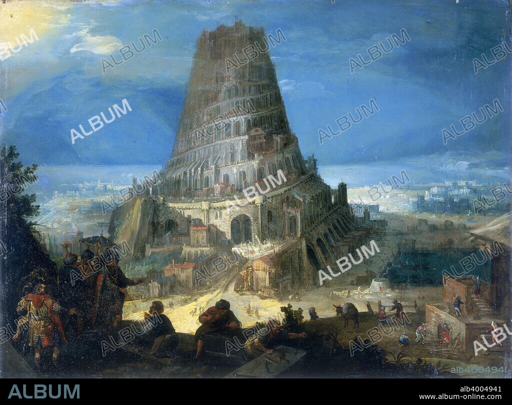 The Tower of Babel, 1595. Painting on the reverse of a copperplate map.