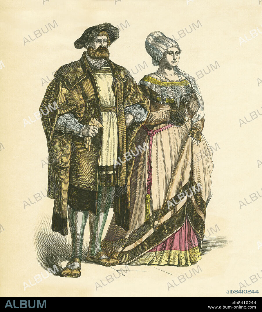 German Couple, First Third of 16th Century, Illustration, The History of Costume, Braun & Schneider, Munich, Germany, 1861-1880.