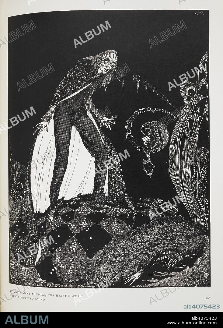 EDGAR ALLAN POE and HARRY CLARKE. 'But, for many minutes, the heart beat on with a muffled sound.' Illustration for the short story, 'the tell-tale heart.' The narrator smothering the old man with in own bed. . Tales of Mystery and Imagination ... Illustrated by Harry Clarke. London : G. G. Harrap ; New York : Brentano's, [1923]. Source: 12703.i.44 page 266.