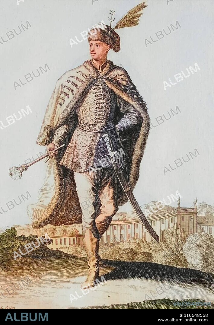 Traditional traditional costume, clothing, an elegant gentleman from Hungary with a sword, c. 1705, copperplate engraving by Caspar Luyken from 1703, digitally restored reproduction from an 18th century model.