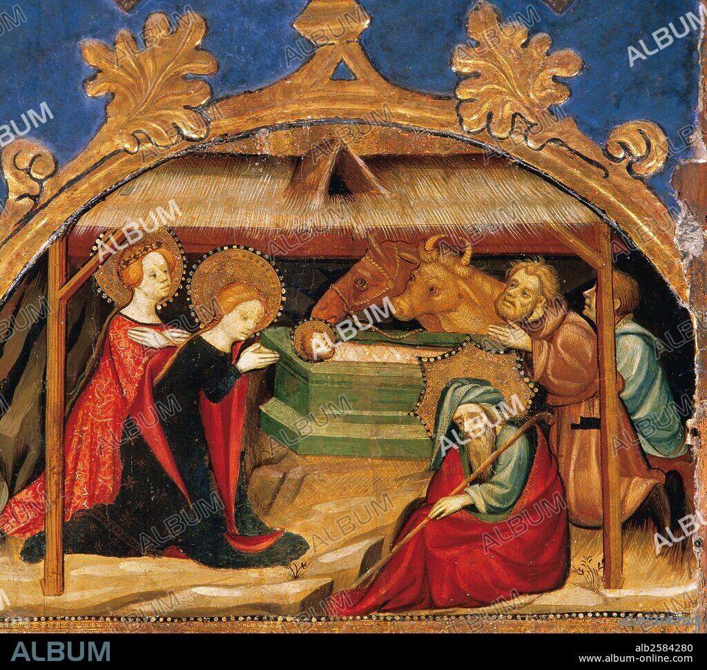 JOAN MATES. ARTE GOTICO. ESPAÑA. SIGLO XV. MATES, Joan (activo en Barcelona entre 1361 y 1431). "LA NATIVIDAD", detalle del Retablo de San Jaime El Mayor. Pintura al temple sobre madera. Datado en la primera mitad del siglo XV. Museo Diocesano de Tarragona. Cataluña.