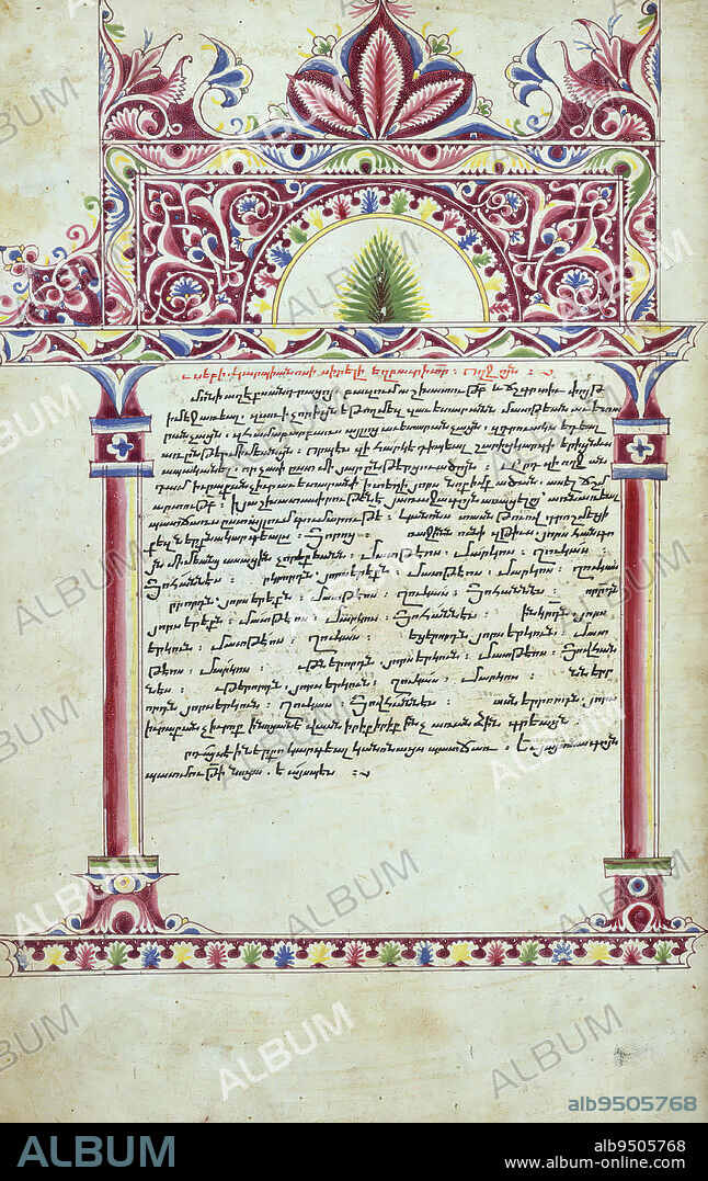 Gospels, Letter of Eusebius to Carpianus, This Armenian Gospel book was produced in 904 of the Armenian era (1455 CE) at the monastery of Gamail in Xizan by the scribe Yohanns Vardapet, son of Vardan and Dil¨at, and was illuminated by the priest Xaatur. The priest Pilipos commissioned the manuscript as a memorial to himself, his parents azar and Xutlumlik. Pilipos is depicted alongside his brothers Yusp and Sultan¨a, as they kneel before the Virgin and Child enthroned (Theotokos). The book contains 26 full-page polychrome miniatures, including 4 Evangelist portraits; ornately-designed canon tables; 4 decorated incipit pages; numerous marginal miniatures of floral and faunal motifs; and 19 marginal miniatures of biblical characters or allusions to biblical narratives.