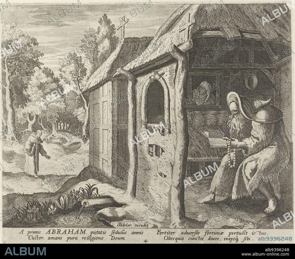 Saint Abraham as a hermit in a hut. He is reading from a Bible and holding a rosary. Behind him is his niece, St. Mary of Edessa. In the background, a monk walks., Abraham of Edessa as a hermit Male hermits (series title) Solitudo Sive Vitae Patrum Eremicolarum (series title), print maker: Johann Sadeler (I), print maker: Raphaël Sadeler (I), intermediary draughtsman: Maerten de Vos, Antwerp, (possibly), 1583 - 1588, paper, engraving, h 170 mm × w 205 mm.