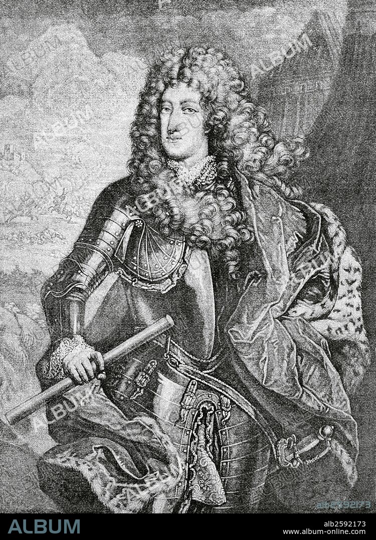 Maximilian II Emanuel, Elector of Bavaria (1662-1726), also known as Max Emanuel or Maximilian Emanuel. Wittelsbach ruler of Bavaria and a Kurfu_rst of the Holy Roman Empire. Portrait. engraving in "Historia Universal", 1885.