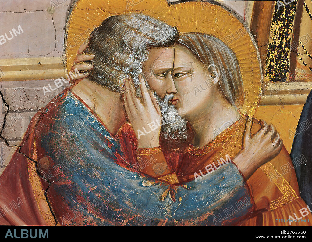 Stories of St Joachim and St Anne The Meeting at the Golden Gate, Detail of Joachim and St. Anne Embracing, by Giotto, 1304-1306, 14th Century, fresco, cm 200 x 185. Italy, Veneto, Padua, Scrovegni Chapel. Detail. Kiss affection fondness love St Joachim St Anne.