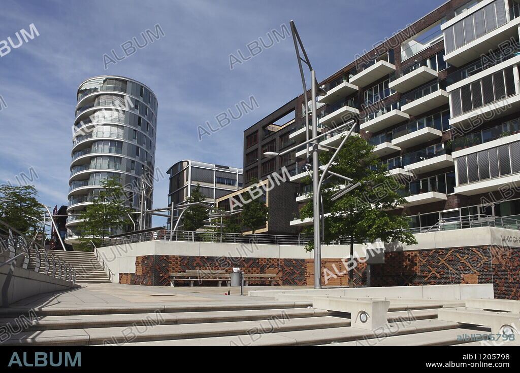 Contemporary buildings at Vasco da Gama Platz in the recently developed HafenCity district of Hamburg, Germany, Europe.