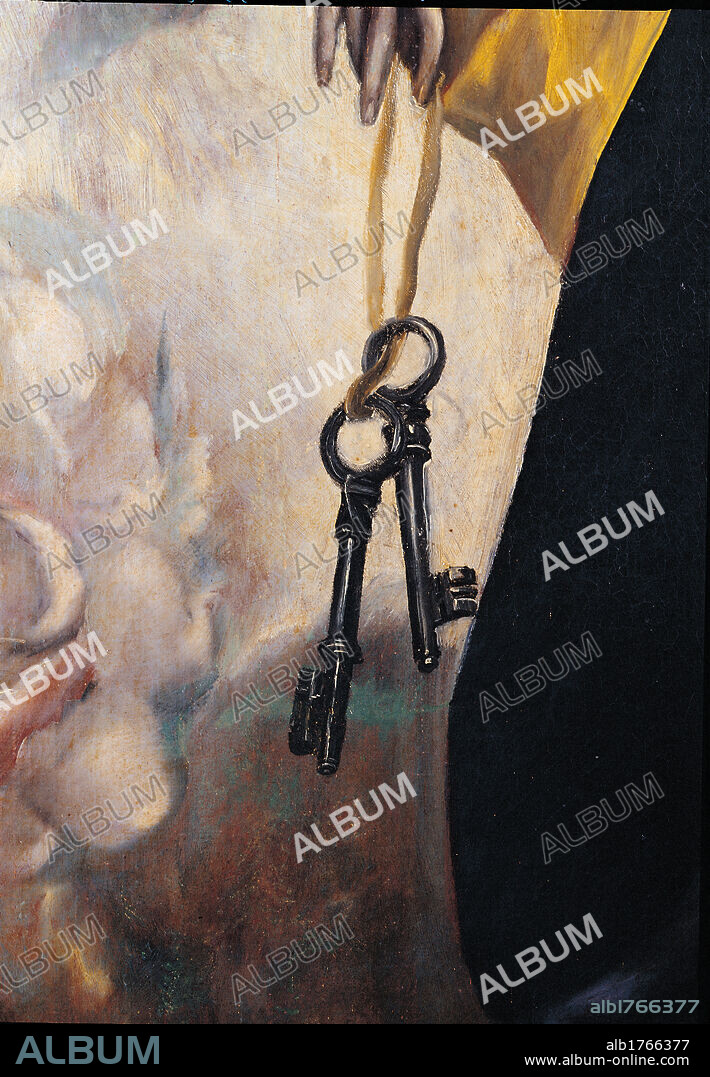 Christ in Piet Between Saints Christopher and Anthony the Abbot, by Domenico Theotokpulos known as El Greco, 1586, 16th Century, oil on canvas,. Spain, Castiglia Mancia, Toledo, San Tom Church. Detail. St Peters keys.