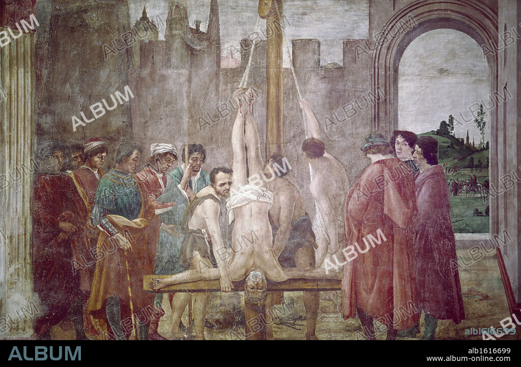 Crucifixion of St. Peter by Masaccio from Life of St. Peter cycle,  fresco,  1425-28,  (1401-1428),  Italy,  Florence,  Santa Maria del Carmine,  Brancacci Chapel.