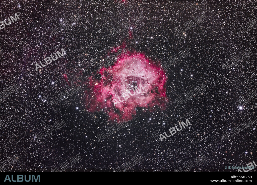 The Rosette Nebula (aka NGC 2237) in Monoceros, an emission nebula and site of star formation in the Orion Arm of the Milky Way. The star cluster at the centre of the nebula is NGC 2244.