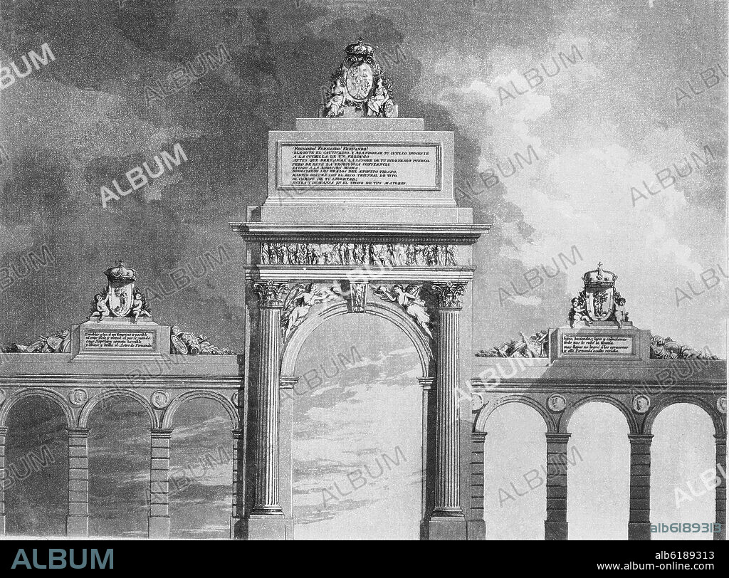 ARCO TRIUNFAL CONSTRUIDO PARA LA ENTRADA DE FERNANDO VII EN MADRID EN 1814 - GRABADO SIGLO XIX.