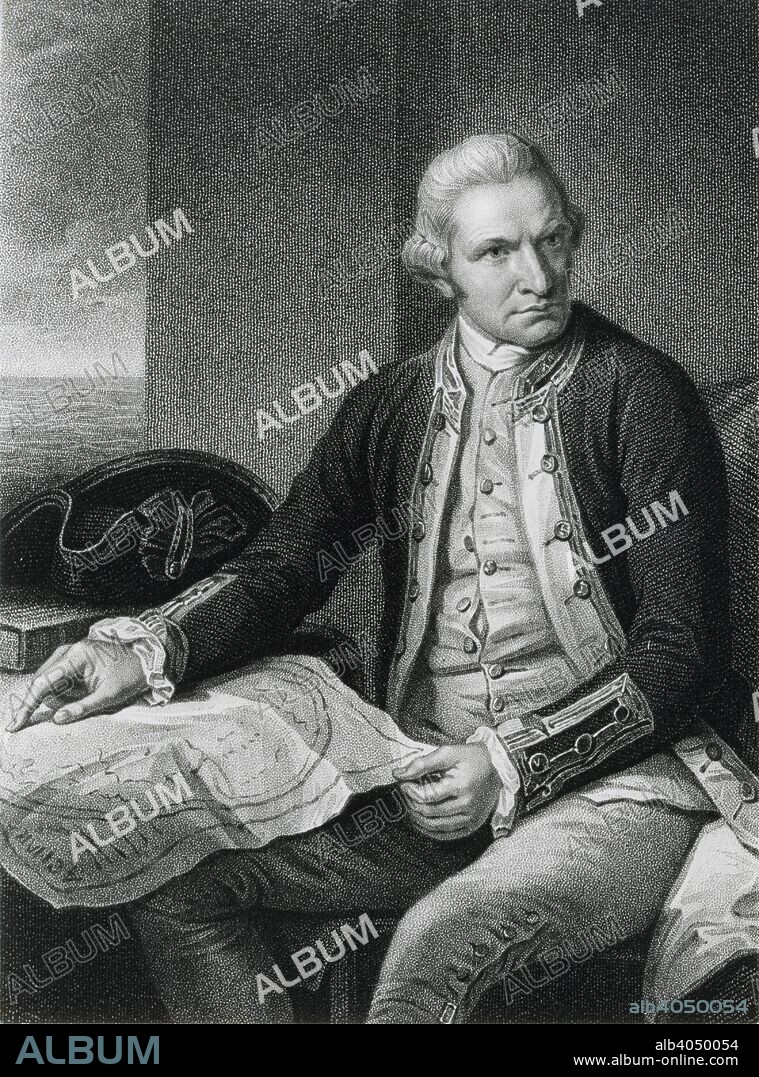 Captain James Cook, 18th century English naval officer and explorer. Captain Cook (1728-1779) in naval uniform, seated, with his hand resting on a map of the world. Cook made three voyages of discovery. On the first he observed the transit of Venus and charted the coasts of New Zealand and eastern Australia, claiming them for Britain, and on the second he explored the Southern Ocean. The main objective of his last voyage was to find a northern sea passage between the Pacific and Atlantic oceans. He was killed when a fight broke out with natives in Hawaii.