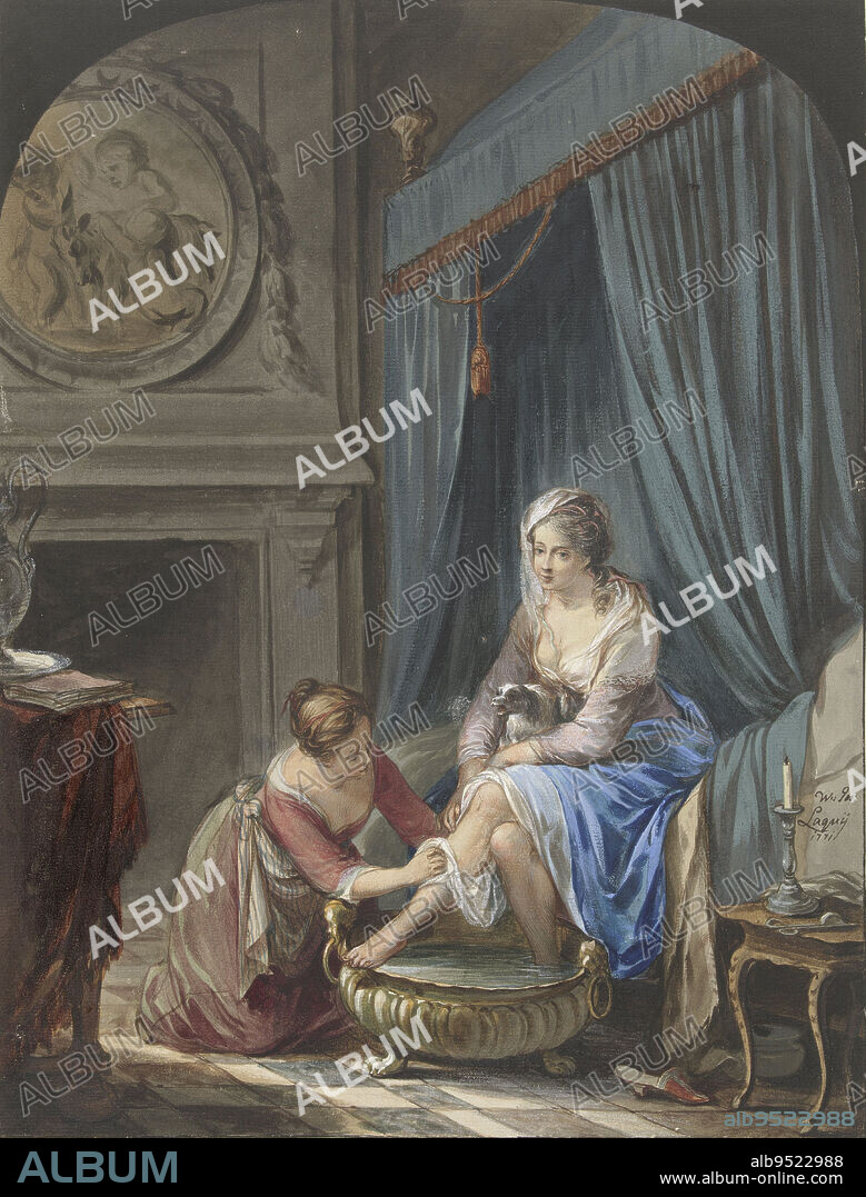 Toilet of a young woman, draughtsman: Willem Joseph Laquy, 1771, paper, brush, pen, h 363 mm × w 276 mm.