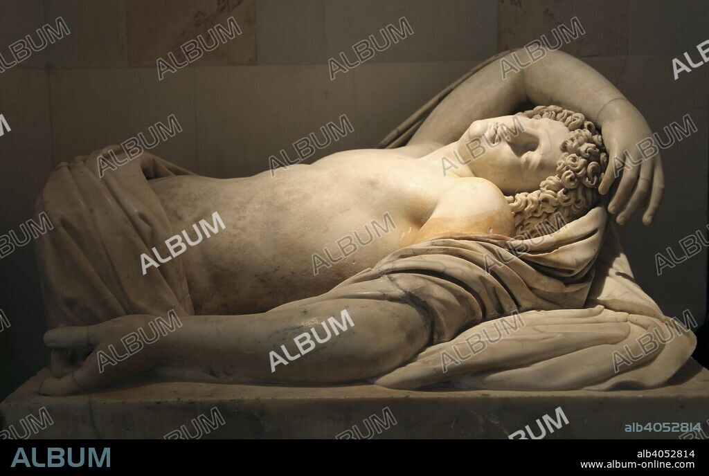 Sleeping Endymion. Roman sculpture, after a Greek original of 2nd century BC. A fragment of a group of Selene and Endymion. According to Greek mythology, the Goddess Selene was in love with Endymion, a shepherd. She asked Zeus to grant him eternal sleep so that he would stay young and never leave her. Found in the collection of The Hermitage, St Petersburg.