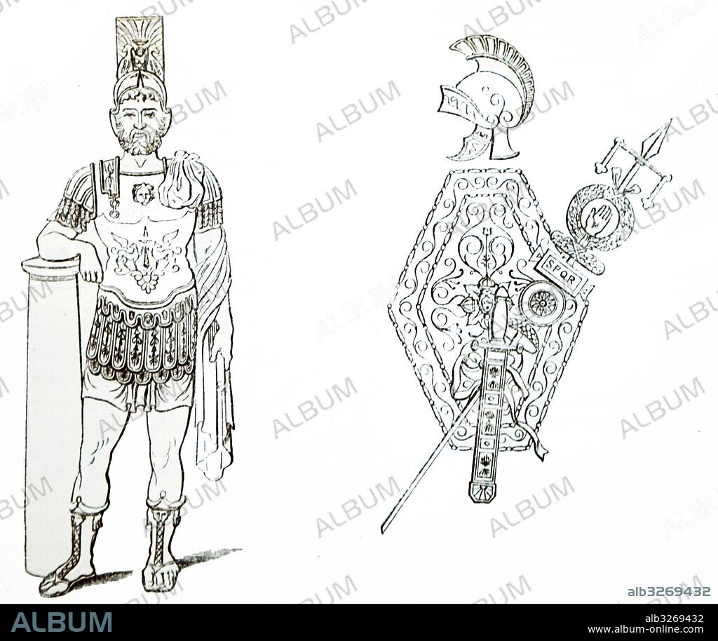 Engraving depicting a Roman General and a Roman Arms and Ensign. Dated 5th Century.