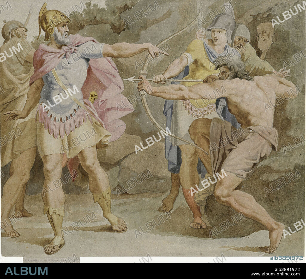 ASMUS JACOB CARSTENS. Philoctetes aiming the bow of Hercules at Odysseus. Date/Period: 1790. Paper. Pen and brown ink and watercolours on greyish yellow paper Pen and brown ink and watercolours on greyish yellow paper. Height: 495 mm (19.48 in); Width: 588 mm (23.14 in).