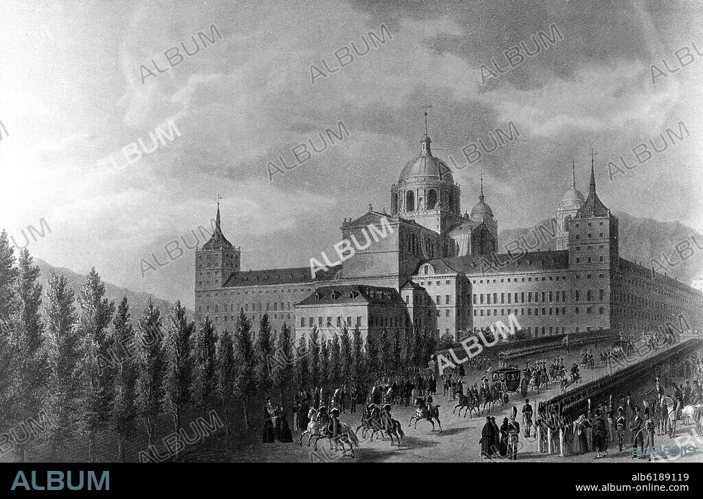 FERNANDO BRAMBILA. MONASTERIO DEL ESCORIAL POR LA PARTE DE LEVANTE DONDE LOS VOLUNTARIOS REALES DE MADRID HICIERON PARADA Y GUARDIA A SU MAGESTAD EL 1-10-1824.