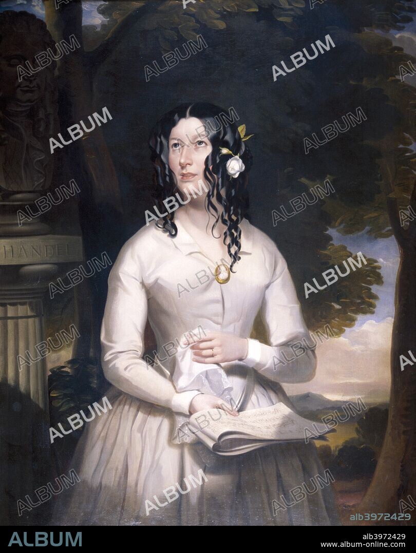'Mary Anne Paton', 1848. The singer Mary Anne Paton holding a music score, to her right is a bust of Handel on a plinth.