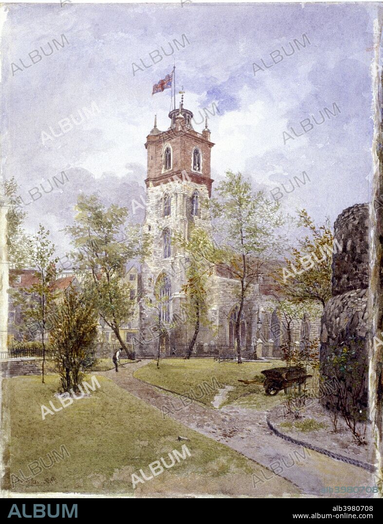 South west view of St Giles without Cripplegate, London, 1882; showing a gardener raking the paths.